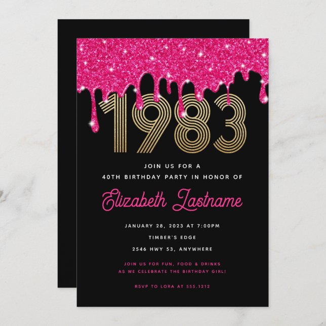 1983 Pink Glitter Drip 40th Birthday Invitation  (Front/Back)