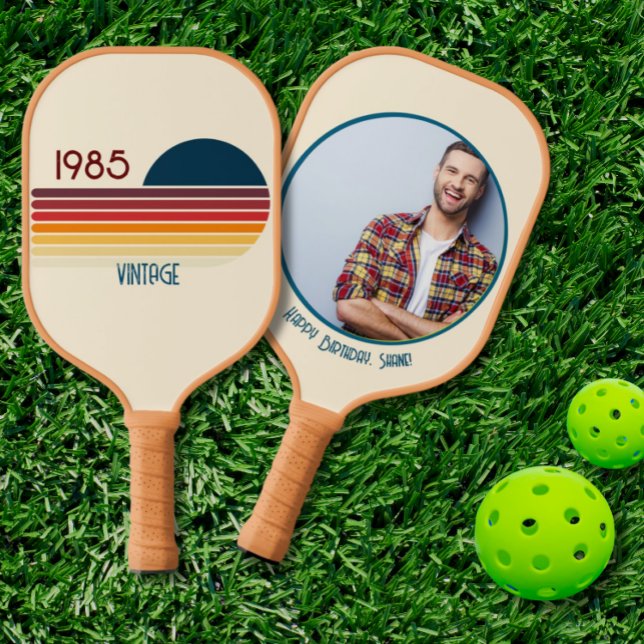 1985 40th Birthday Retro Stripe Custom Photo Pickleball Paddle (Creator Uploaded)