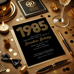 1985 Black Faux Gold 40th Birthday Invitation
