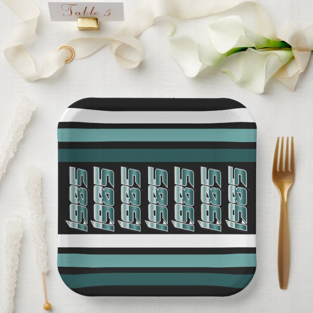 1985 Retro Stripe Teal  Paper Plate (Wedding)