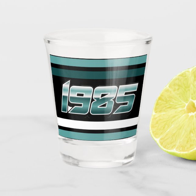 1985 Retro Stripe Teal  Shot Glass (Front)