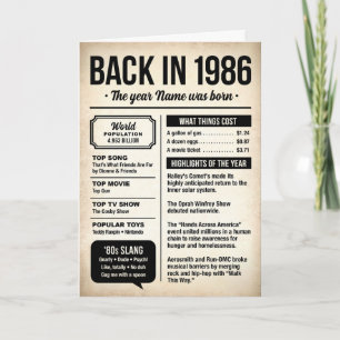 1986 Back in the Day, 40th Birthday, Fun Facts Card