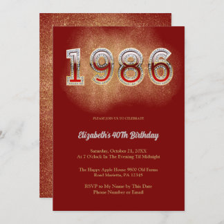 1986 Retro Vintage 40th Birthday Red Glitter Party Invitation