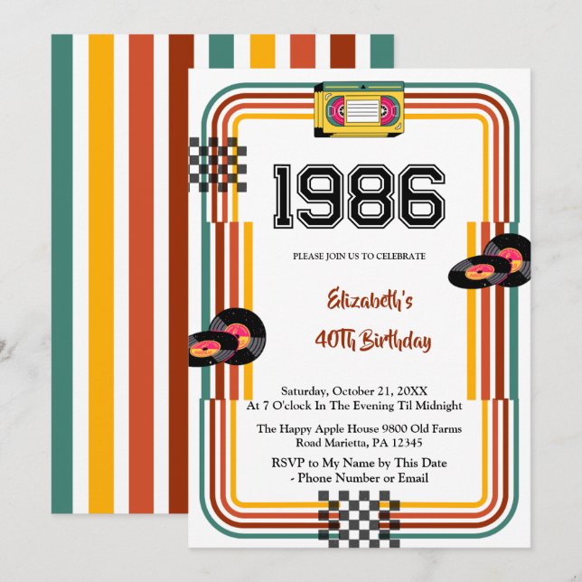 1986 Retro Vintage Cassette Disco 40th Birthday Invitation (Front/Back)