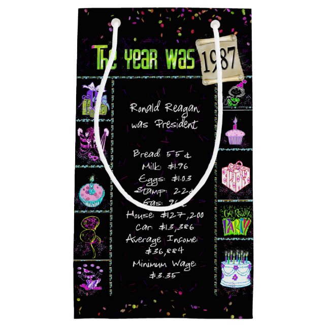 1987 Birth Year Trivia on Black Small Gift Bag (Front)