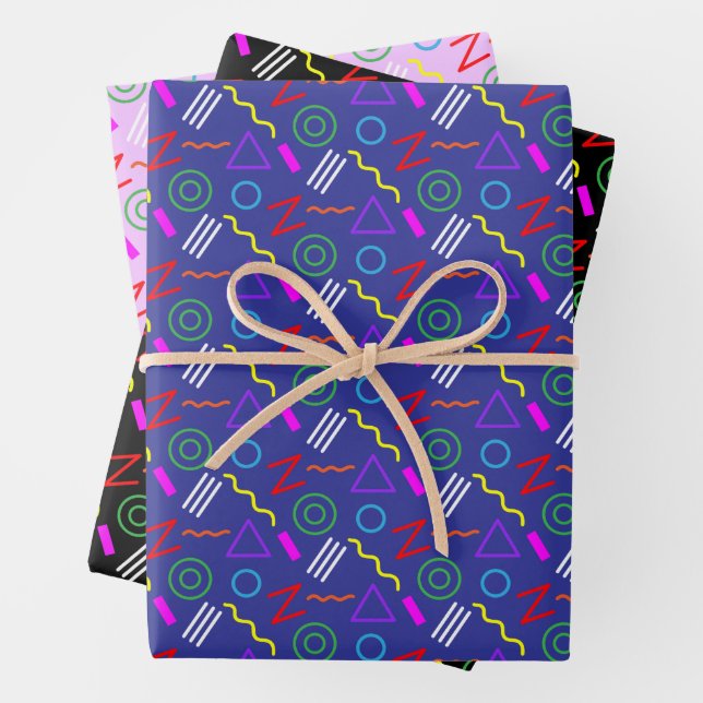 1990s party pattern kids birthday wrapping paper sheet (In situ)