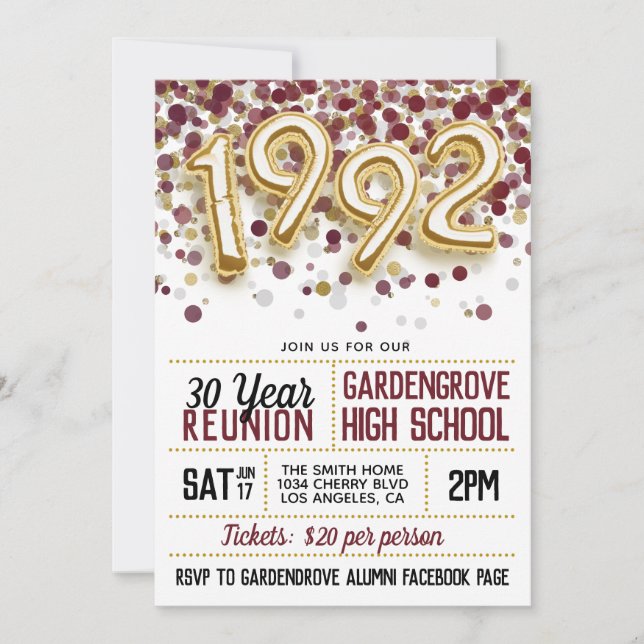 1992 High School College Reunion Invitation (Front)