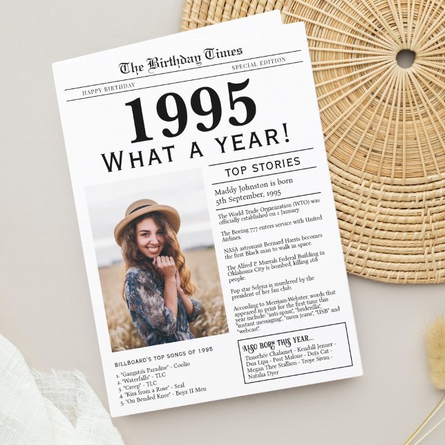 1995 Newspaper Birthday greeting card (Birthday Card, born in 1993 newspaper style design with personalized photo, trivia and fun facts)
