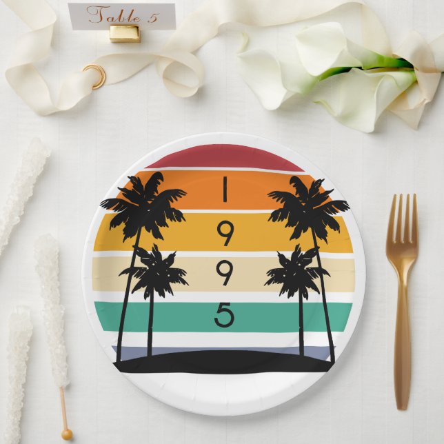 1995 Retro Stripe Sunset Vintage  Paper Plate (Wedding)