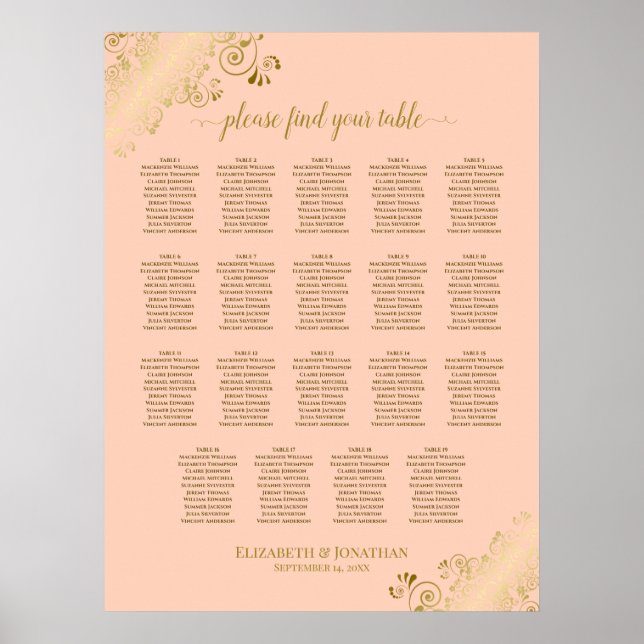 19 Table Coral Peach & Gold Wedding Seating Chart (Front)