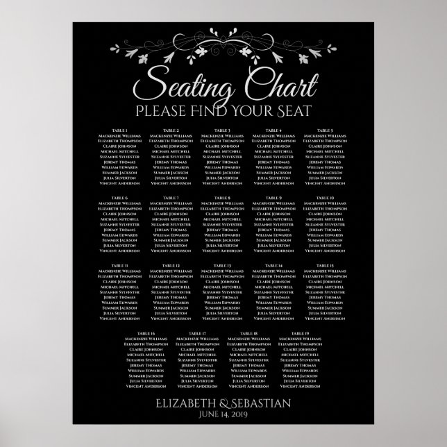 19 Table Elegant Black Wedding Seating Chart (Front)