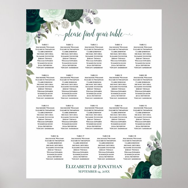 19 Table Emerald Floral Chic Wedding Seating Chart (Front)