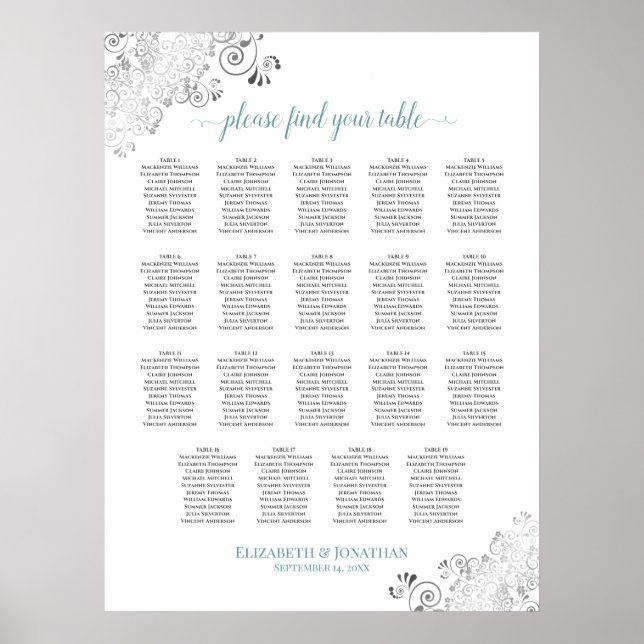 19 Table Frilly Wedding Seating Chart White & Teal (Front)