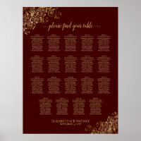 19 Table Lacy Gold Burgundy Wedding Seating Chart