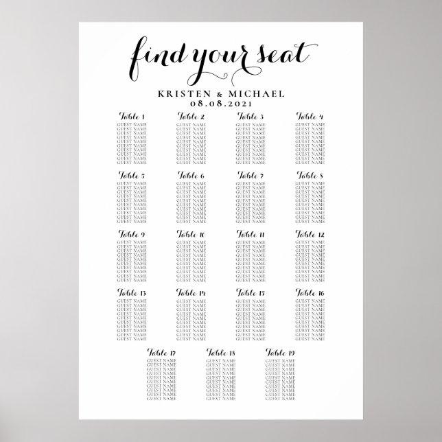 19 Table Large Wedding Guest Seating Chart (Front)