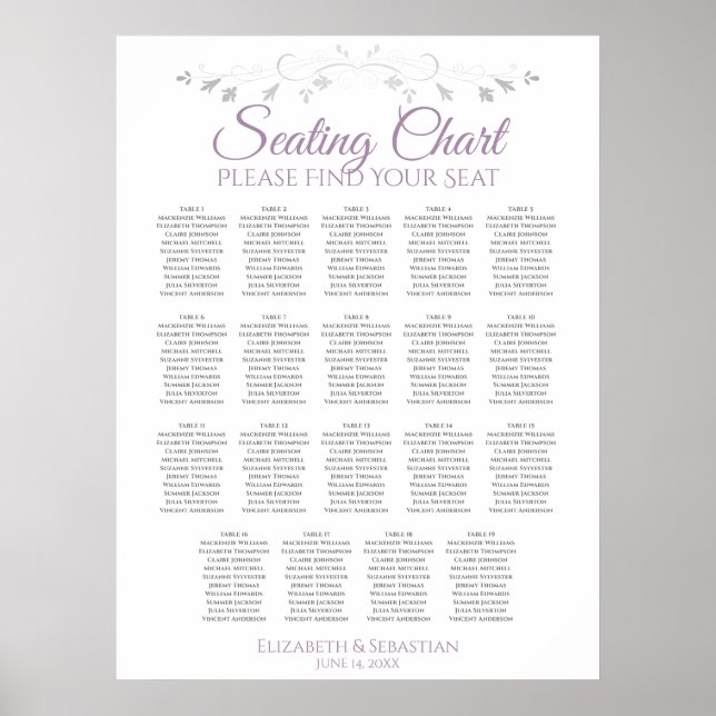19 Table Lavender on White Wedding Seating Chart (Front)