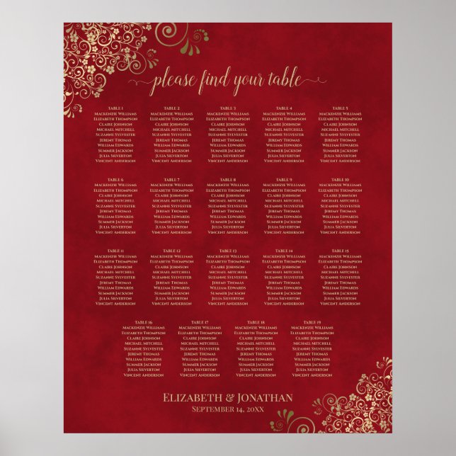 19 Table Red & Gold Frills Wedding Seating Chart (Front)