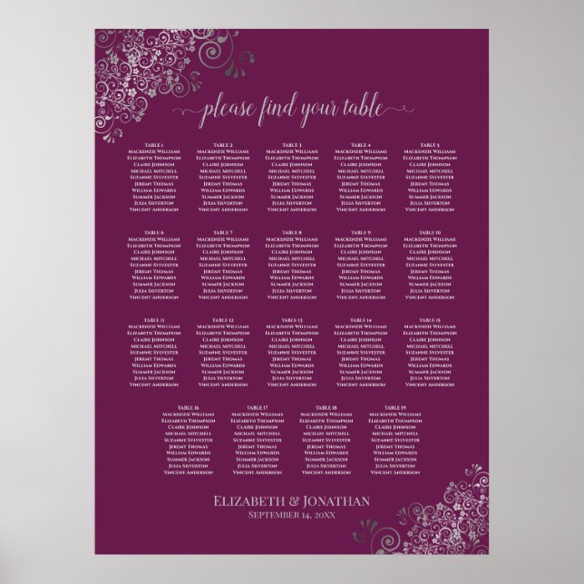 19 Table Silver on Cassis Wedding Seating Chart (Front)