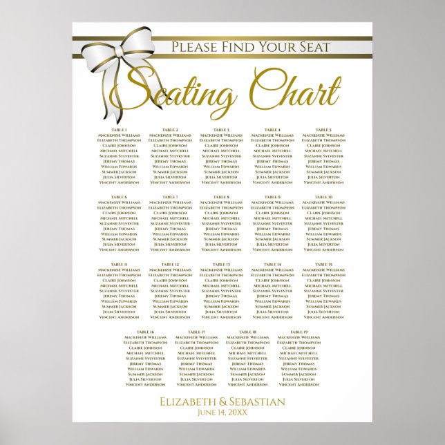 19 Table White & Gold Ribbon Wedding Seating Chart (Front)