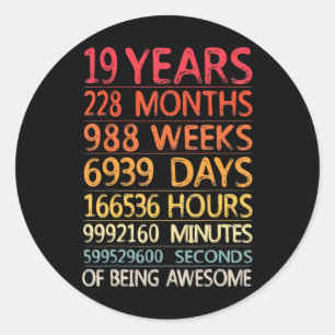 19 Years 228 Months 988 Weeks Birthday Ninteenth 1 Classic Round Sticker