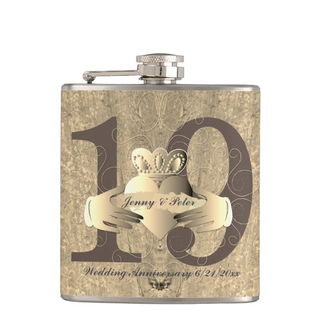 19th Anniversary Bronzy Claddagh Ring   Hip Flask (Front)