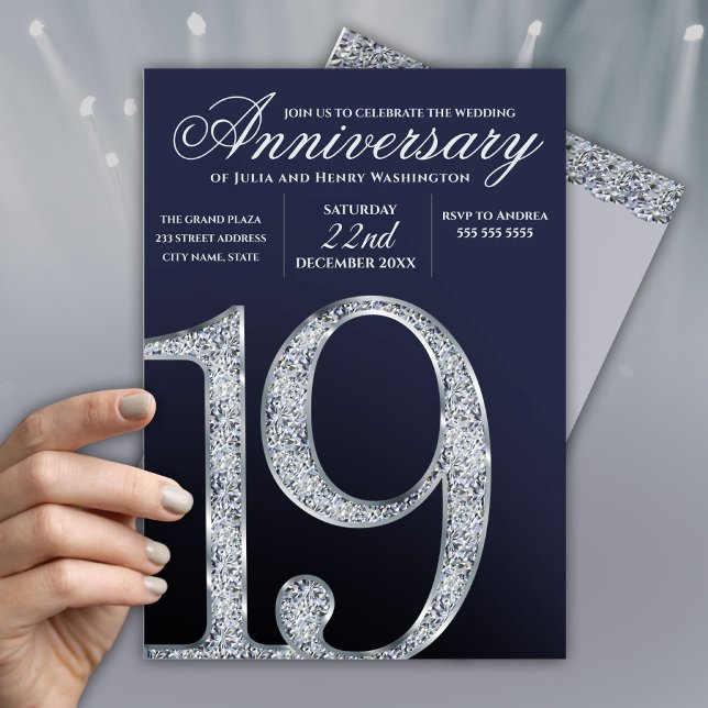 19th Anniversary Diamond Silver Dark Blue Years Invitation (Creator Uploaded)