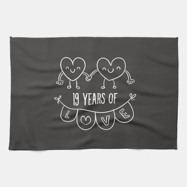 19th Anniversary Gift Chalk Hearts Tea Towel (Horizontal)