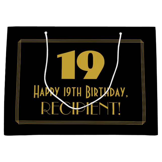 19th Birthday — Art Deco Inspired Look "19" & Name Large Gift Bag (Front)
