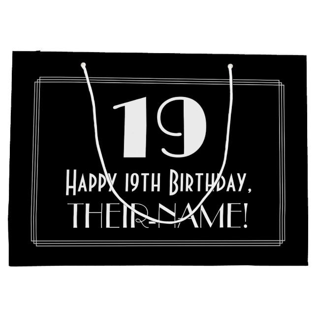 19th Birthday: Art Deco Inspired Style "19", Name Large Gift Bag (Back)