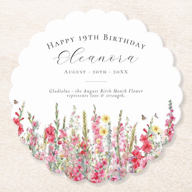 19th Birthday August Birth Flower Custom Paper Coaster (Front)