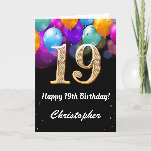 19th Birthday Black and Gold Colourful Balloons Card (Front)