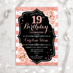 19th Birthday Black Rose Gold and White Stripes Invitation