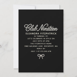 19th Birthday Black White Pearl Script Bow Invitation