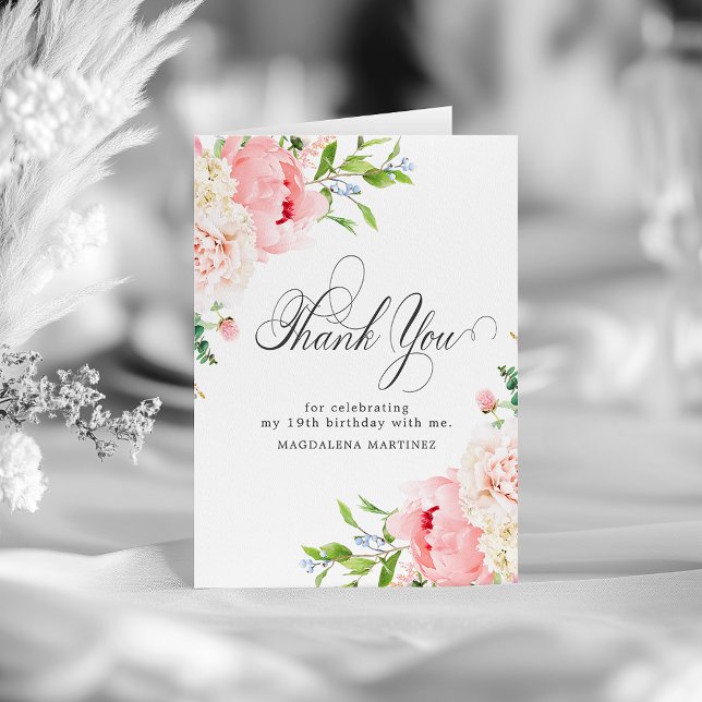 19th Birthday Blush Pink Peony Floral Folded Thank You Card (Creator Uploaded)