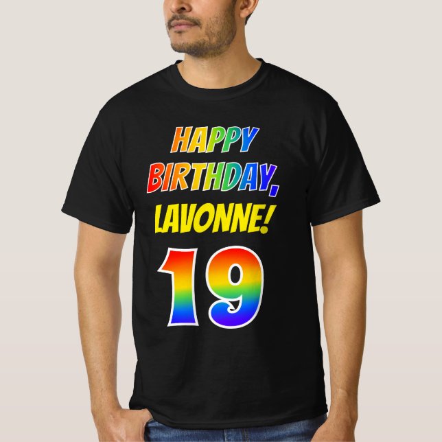 19th Birthday — Bold, Fun, Rainbow 19, Custom Name T-Shirt (Front)