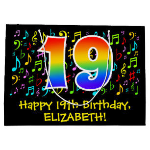 19th Birthday - Colorful Music Symbols, Rainbow 19 Large Gift Bag