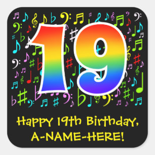 19th Birthday: Colorful Music Symbols, Rainbow 19 Square Sticker