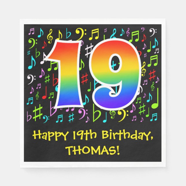 19th Birthday - Colourful Music Symbols, Rainbow 1 Napkin (Front)
