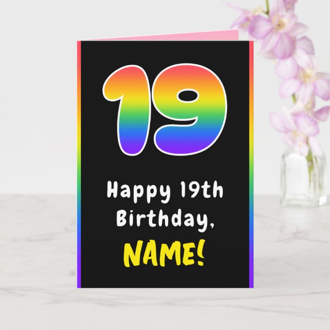 19th Birthday: Colourful Rainbow # 19, Custom Name Card (Orchid)