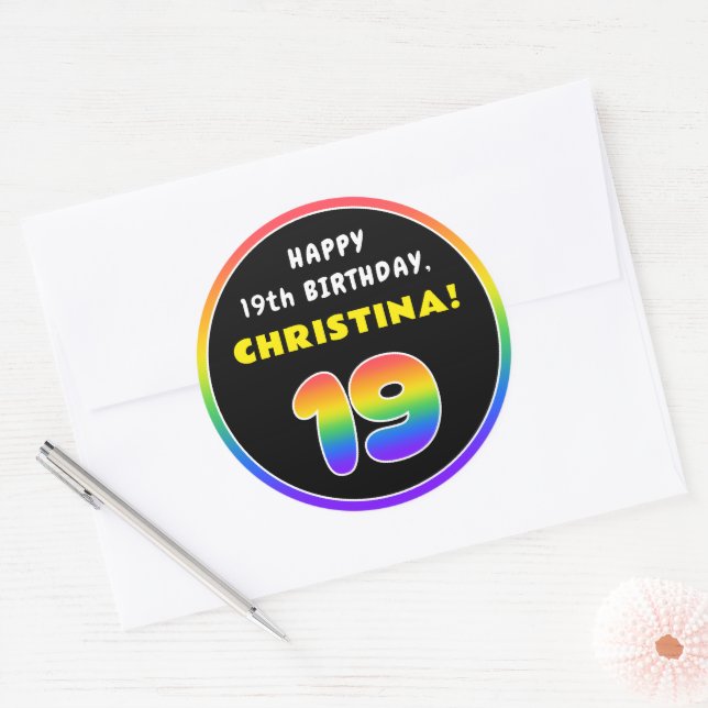 19th Birthday: Colourful Rainbow # 19, Custom Name Classic Round Sticker (Envelope)