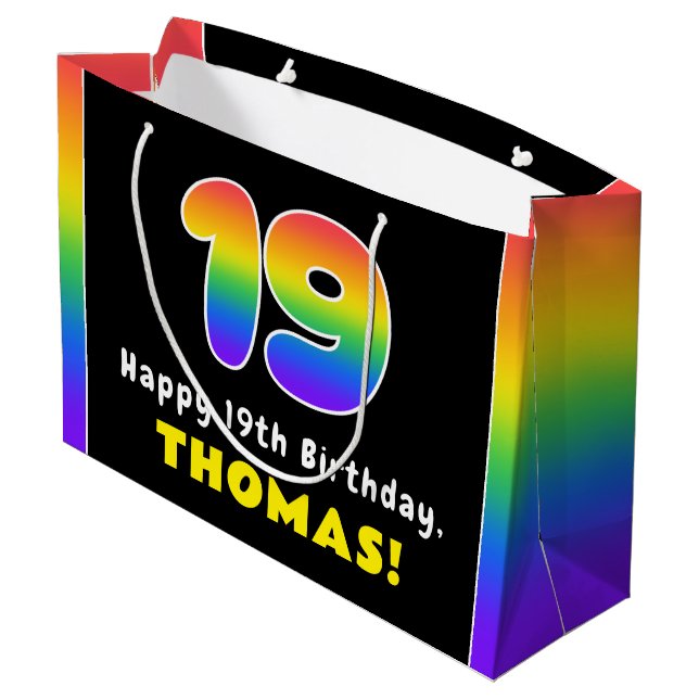 19th Birthday: Colourful Rainbow # 19, Custom Name Large Gift Bag (Back Angled)