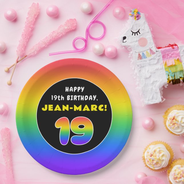 19th Birthday: Colourful Rainbow # 19, Custom Name Paper Plate (Party)