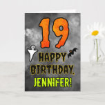 19th Birthday: Eerie Halloween Theme   Custom Name Card<br><div class="desc">The front of this scary and spooky Hallowe’en themed birthday greeting card design features a large number “19” and the message “HAPPY BIRTHDAY, ”, plus a custom name. There are also depictions of a bat and a ghost on the front. The inside features a personalised birthday greeting message, or could...</div>