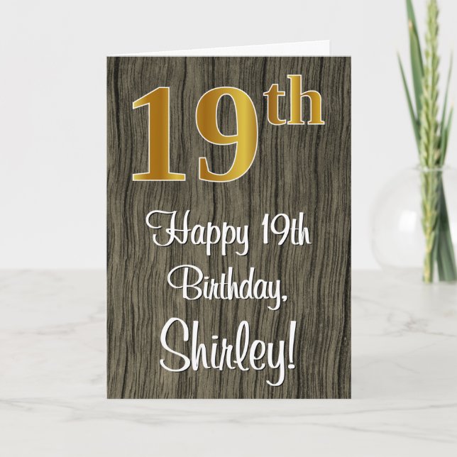 19th Birthday: Elegant Faux Gold Look #, Faux Wood Card (Front)