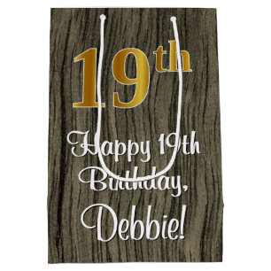 19th Birthday: Elegant Faux Gold Look #, Faux Wood Medium Gift Bag