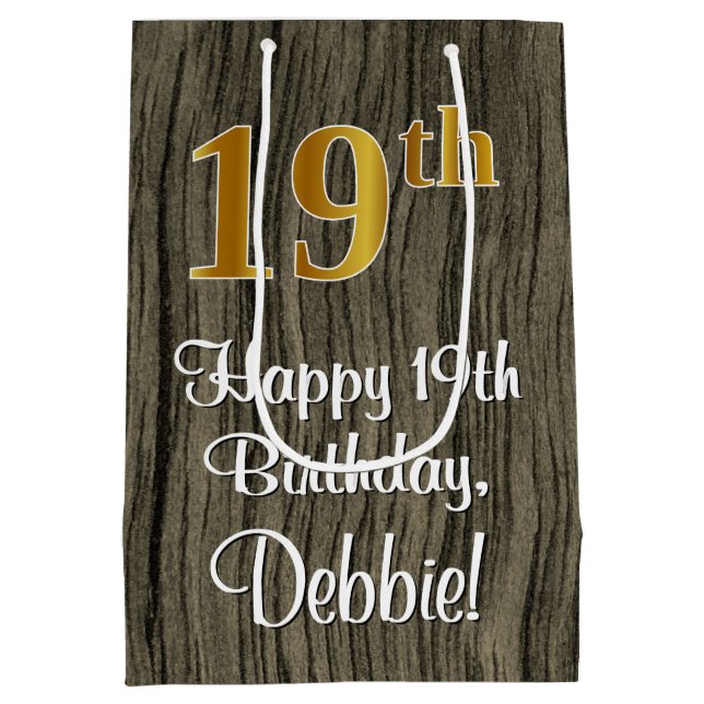 19th Birthday: Elegant Faux Gold Look #, Faux Wood Medium Gift Bag (Back)