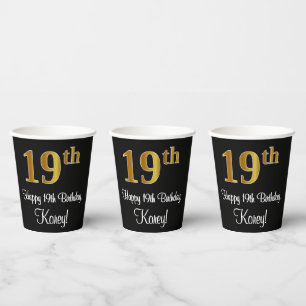19th Birthday - Elegant Luxurious Faux Gold Look # Paper Cups