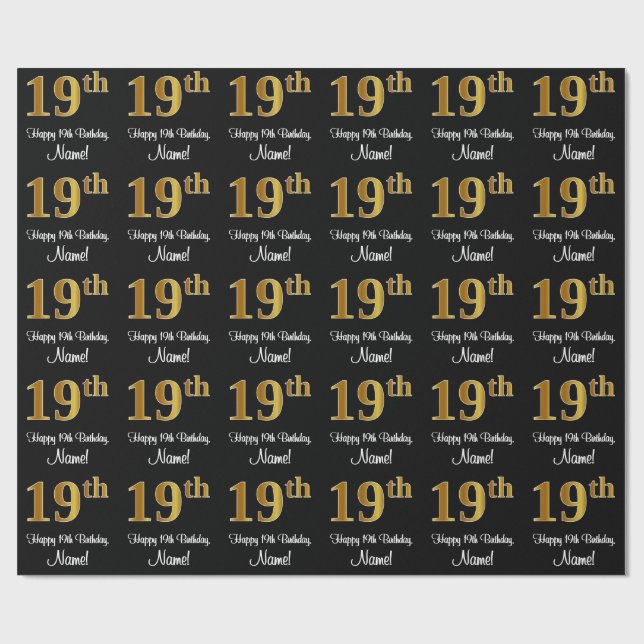 19th Birthday: Elegant Luxurious Faux Gold Look # Wrapping Paper (Flat)