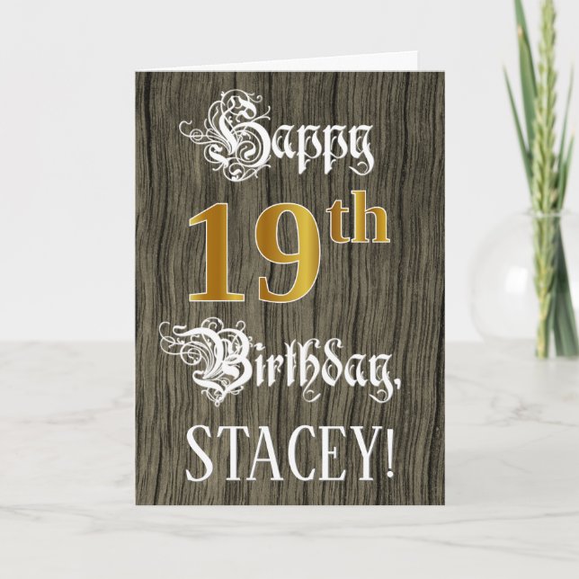 19th Birthday: Faux Gold Look + Faux Wood Pattern Card (Front)