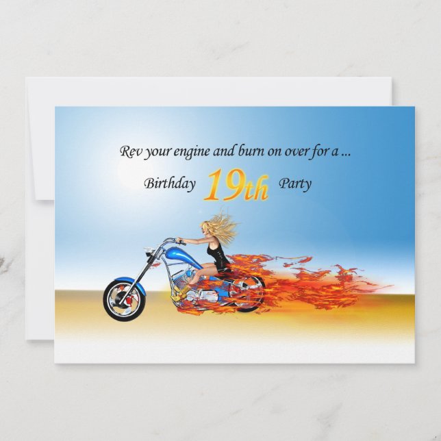 19th birthday Flaming motorcycle party invitation (Front)